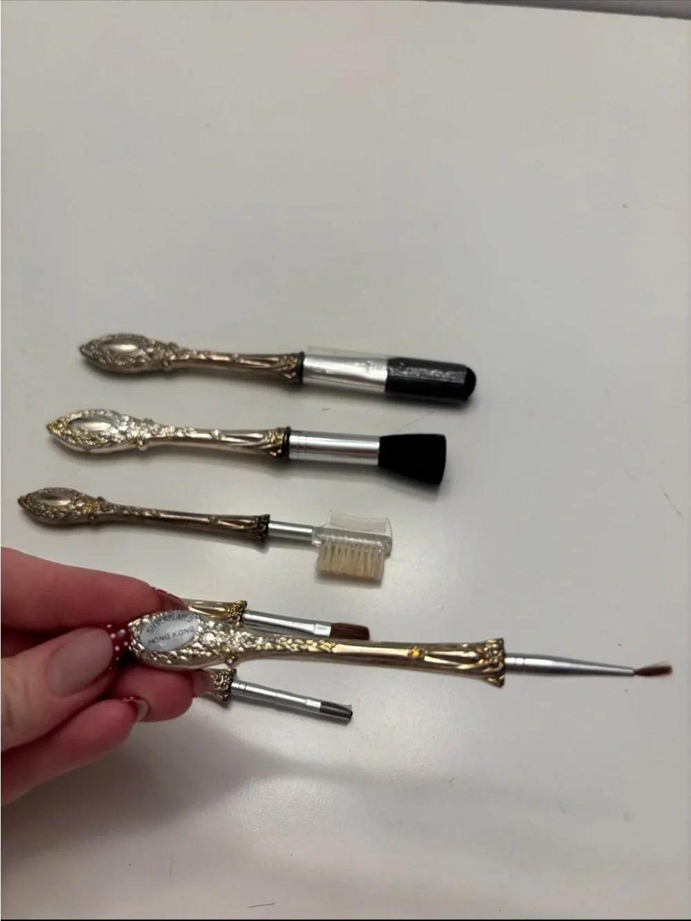 Vintage 6-piece silver-plated makeup brush vanity set with ornate scroll handle